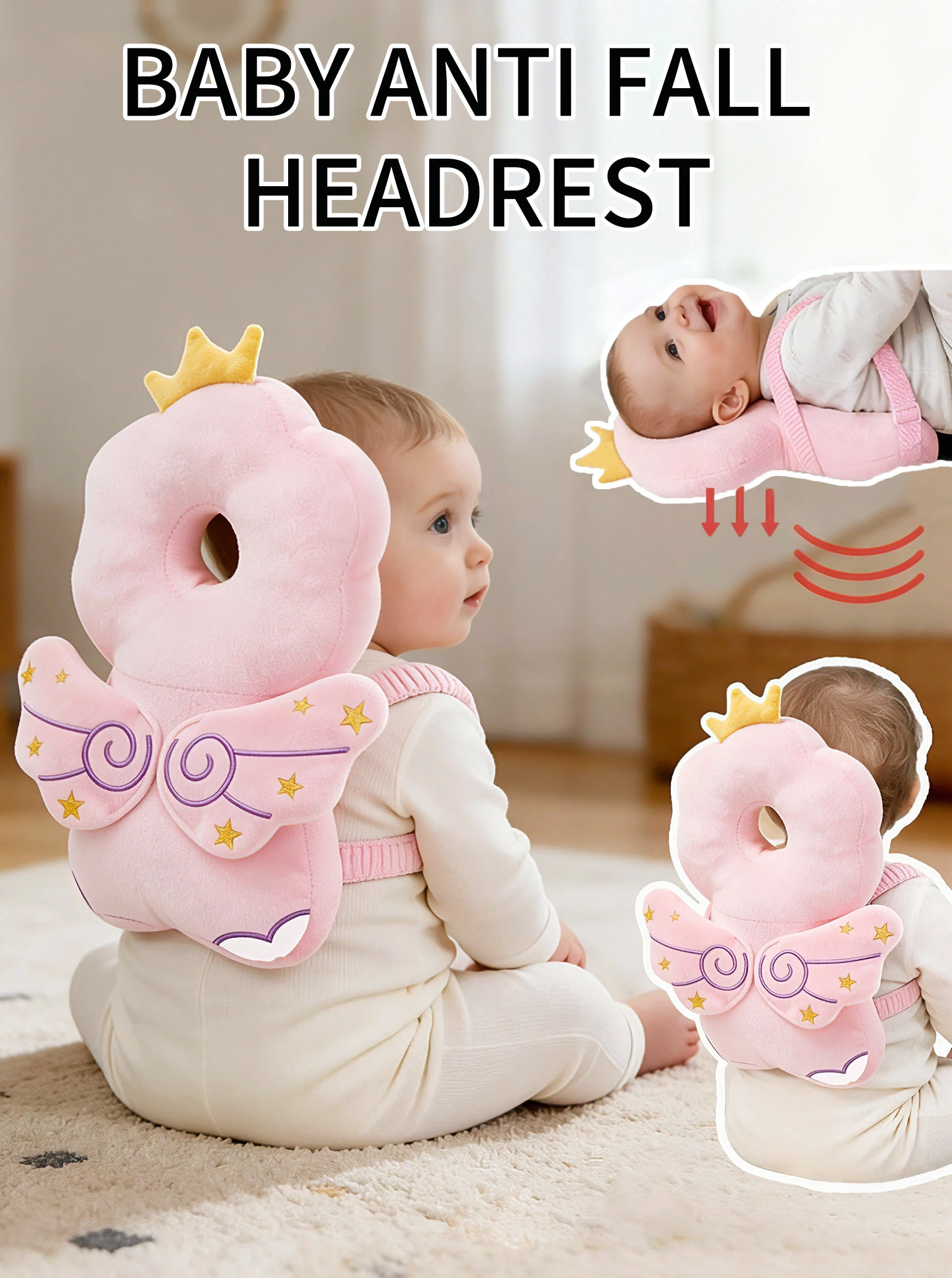 Baby Anti-Fall Head Protection Pillow, Anti-Backward Fall Device for Toddlers Learning to Walk and Sit, 3D Cartoon Pattern, Adjustable Strap, Infant Head Protection Pillow, Skin-Friendly Plush, Breathable and Non-Stuffy, Suitable for All Stages of Walking, Crawling, and Sitting