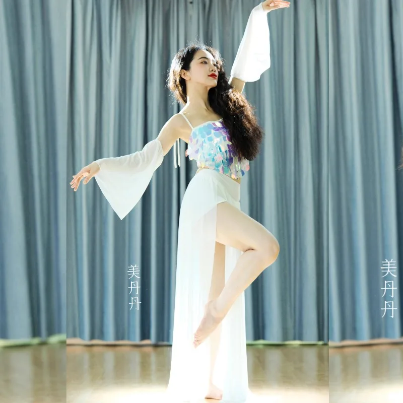 تخصيص جديد أزياء الرقص الشرقي مجموعة فستان الأداء فستان فستان مزاجه ممارسة الملابس الأبيض كبير سوينغ تنورة