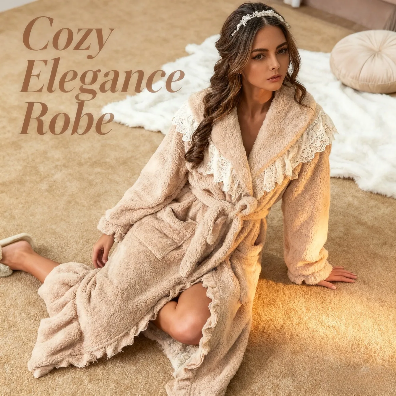 

Sweet Lace Trimmed Winter Robe, Women's Thickened Long Comfortable Sleepwear, Fleece Nightgown