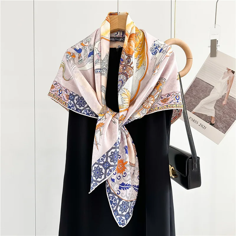 Brand Design Women Fashion Double Side Print Silk Scarves 90*90cm Flower Jacquard Lady Silk Scarf for Head