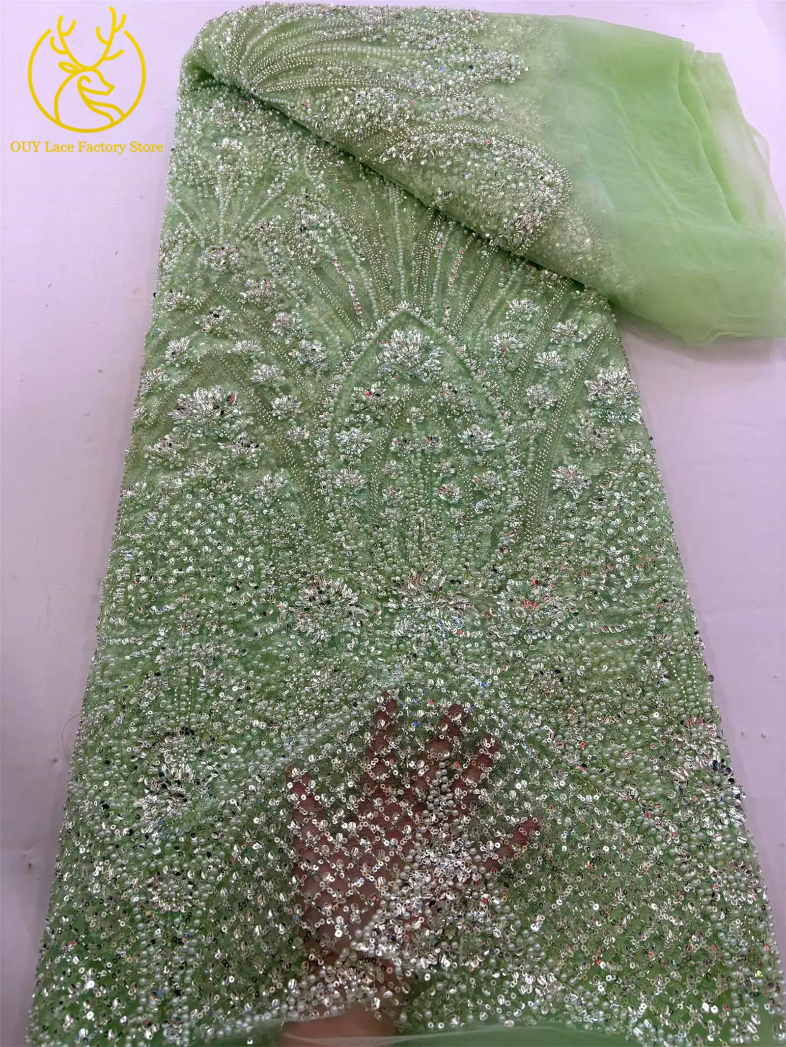 5 Yards afrikanischer schwerer Perlen-Pailletten-Netzstoff, goldener französischer Pailletten-Tüllstoff für wunderschöne Hochzeitskleider zum Nähen – Detail 13
