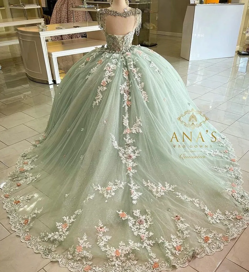 ANGELSBRIDEP Brilhante Verde Vestido Quinceanera Cristais 3D Floral Apliques Robes De Soirée Vestidos De 15 Anos Aniversário Formal