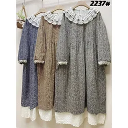 Sweet Cute Retro Cotton Linen Dress Women Spring Autumn Loose Casual Long Sleeve Floral Print Embroidery Doll Neck Long Dresses