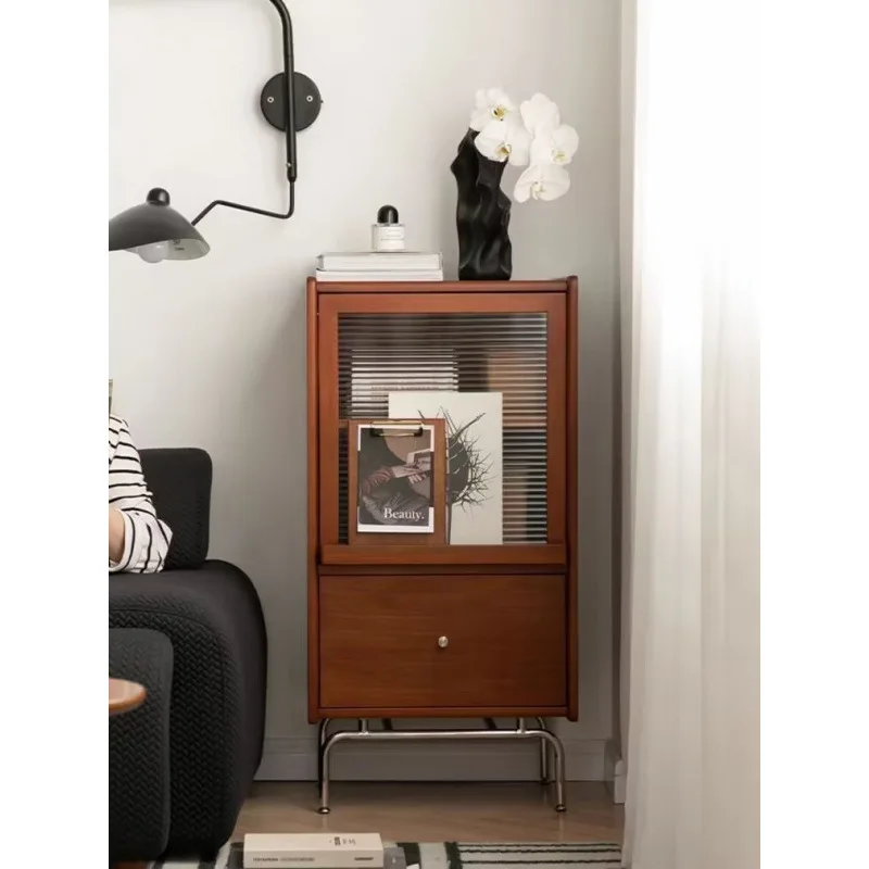 

Nordic solid wood stainless steel sofa edge corner few living room glass storage cabinet locker bedroom