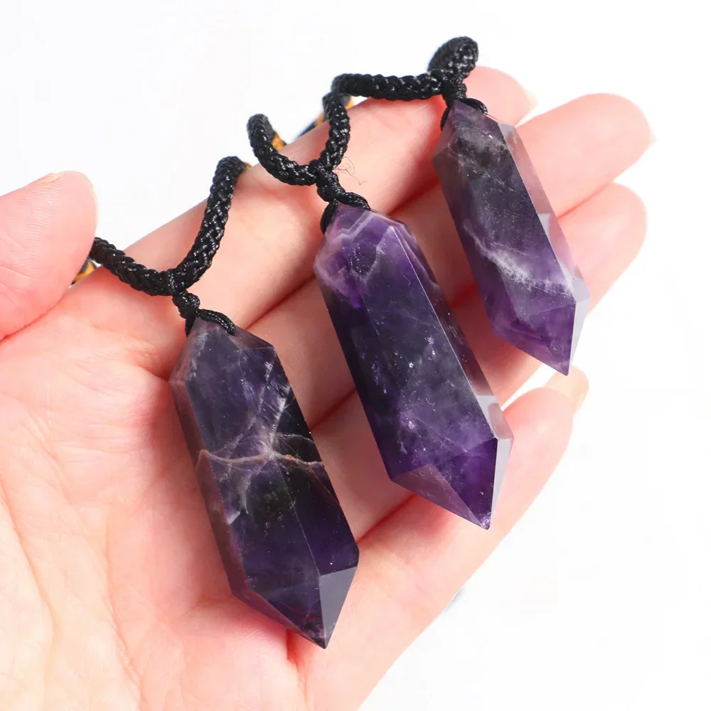 Dream Amethyst Necklace Jewelry Hexagonal Double Point Energy Pendant Healing Natural Purple Crystal Quartz Column Gemstone Gift