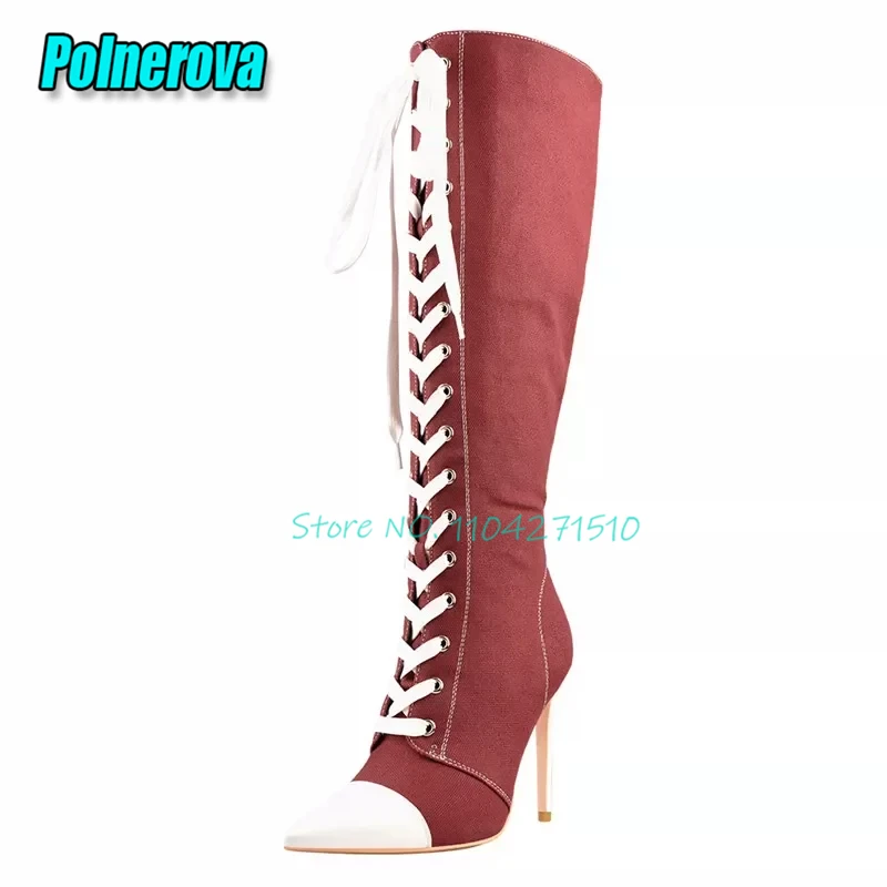 Women Denim Lace-Up Stiletto Heels Mixed Colors Pointed Toe Side Zipper 10CM High Heel Long Boots Sexy Fashion Party Club Shoes