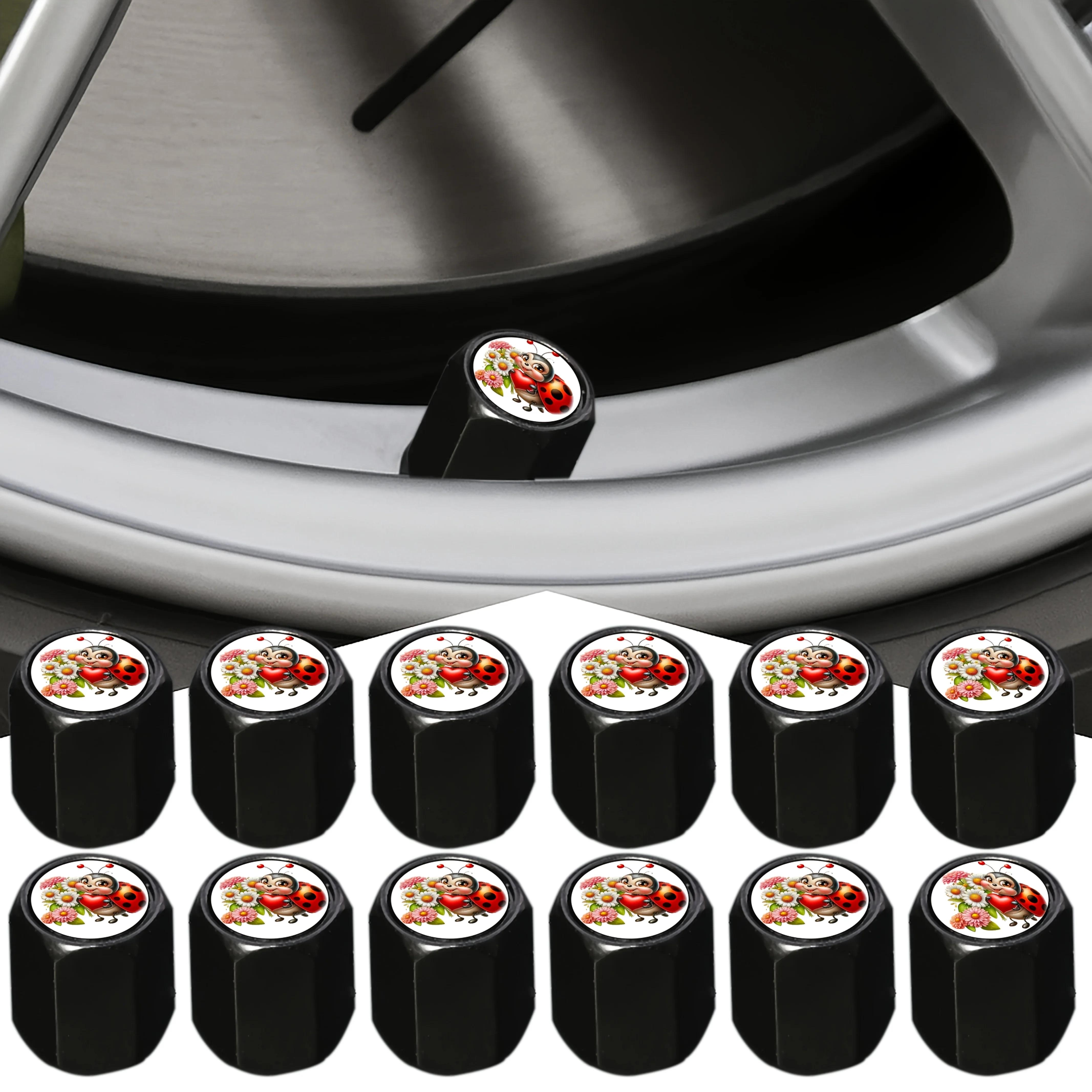 12Pcs Ladybugs & Flowers Design Valve Stem Caps for Car SUV Truck Motorcycle Bike Floral Style Amazing Car Accessories
