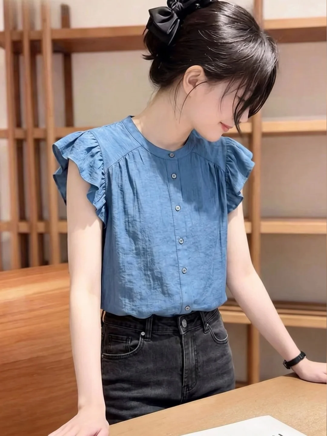 

Korean Style Commuter Fashion Shirt Women's Single Button Design Summer Slimming Fly Sleeve Shirt Youthful Look Straight Cut