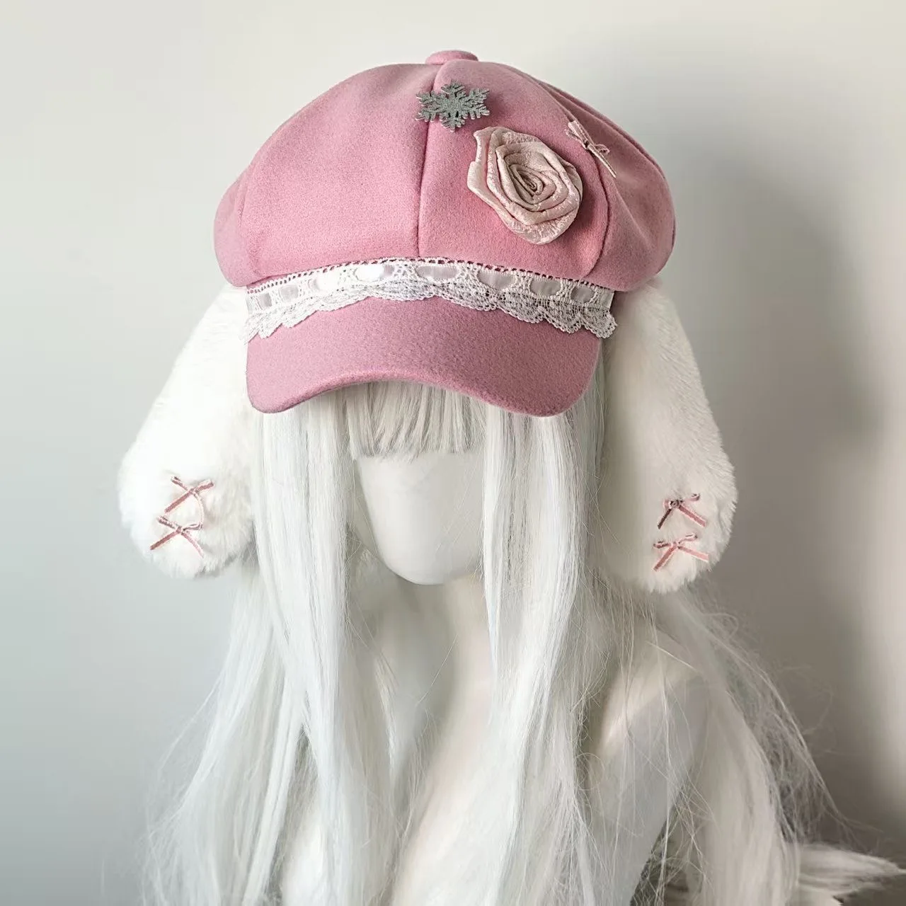 

Japanese Sweet Y2k Rose Subculture Pink Rabbit-eared Octagonal Hat Children Lolita Plush Cute Painter Hat Woman