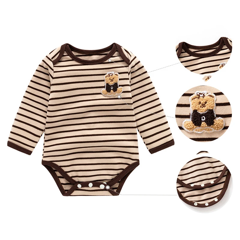 

Весенне-осенние комбинезоны для маленьких девочек, полосатые комбинезоны с вышивкой медведя для новорожденных девочек, детские боди с круглым вырезом, комбинезоны для маленьких девочек