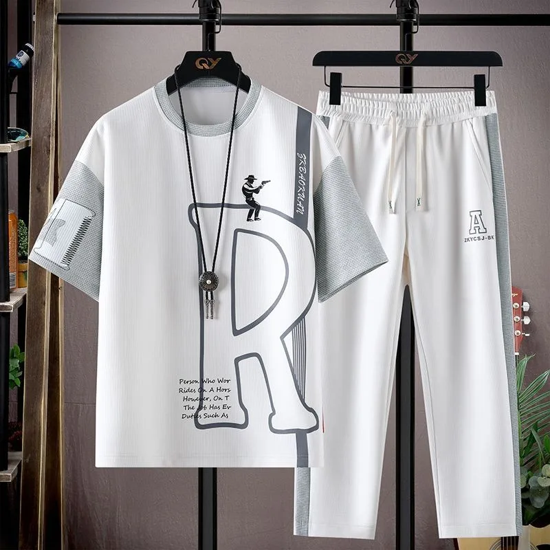 

2025 New in Fashion Mens Tracksuit Set Jogging Sweatpants Men Summer Oversized T-shirts Sports Pants Suits Big Size Men Clothes