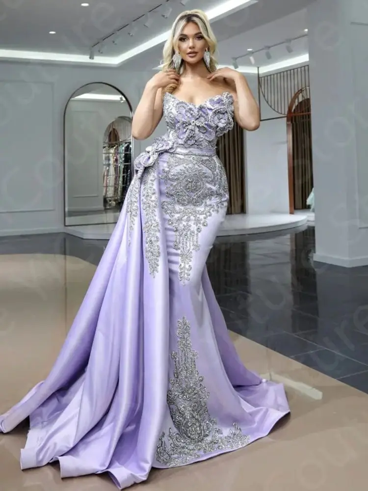 Customized Classic Lavender Evening Dresses Mermaid Prom Gowns Removable Train Strapless Wedding Party Dresses 2024 Appliqued