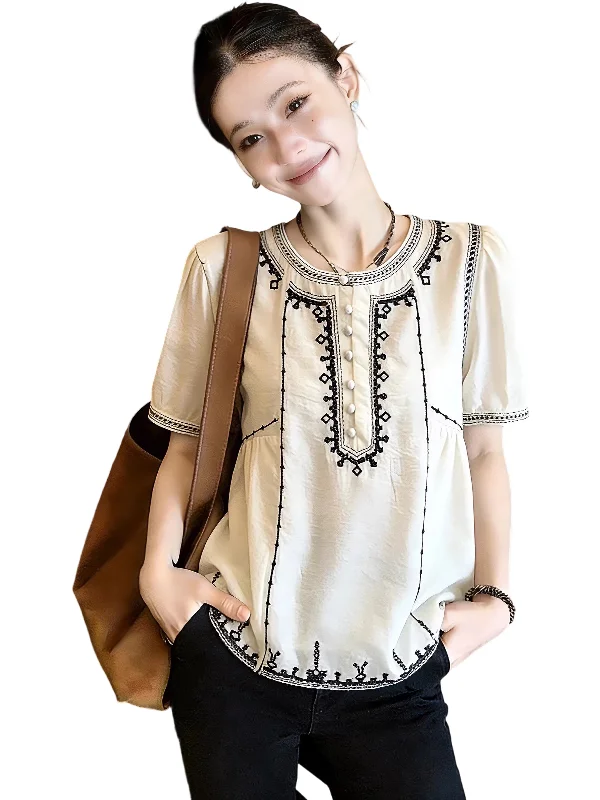 Bohemian Ethnic Style Embroidered Short Sleeve Women's Shirt Summer 2026 Big Size Puffy Doll Top Korean Loose Fit round Neck