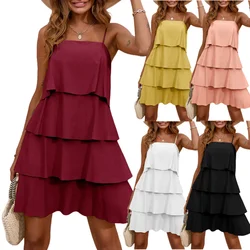 Summer Leisure Sleeveless Dress with Thin Straps Ruffles Layered Elegant Beach Dress Women White Dress Dress for Women