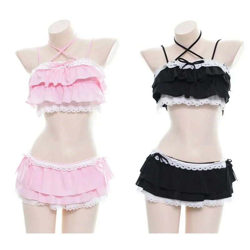 

2025 New Cute Girls Lolita Ruffle Bikini Sukumizu Cosplay Pink And Black Color Swimsuit Hollowed Multilayer Hem Biquini Wome ★★★