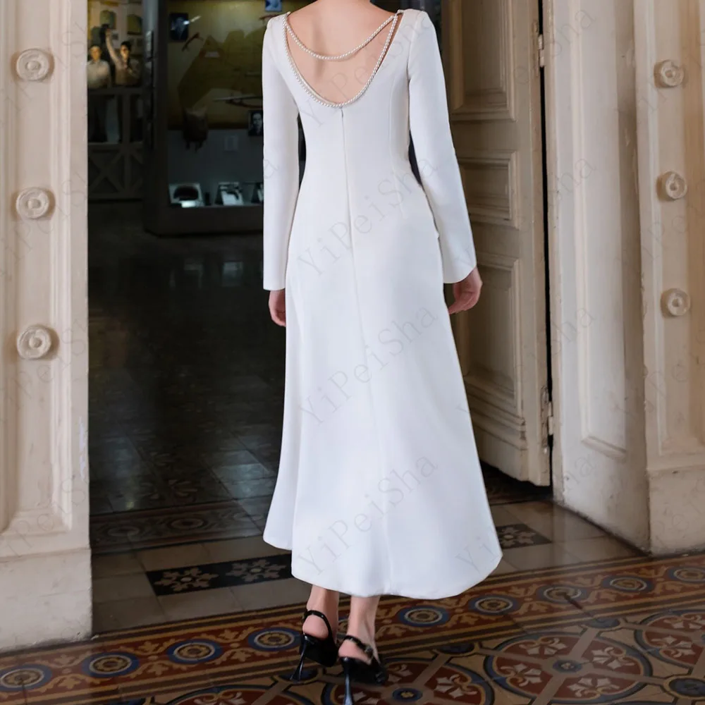 

Customized A-Line Prom Dresses Tea-Length Scoop-Neck Full Sleeve Evening Gown Simple Fashion Beading Draped Backless Party Gown