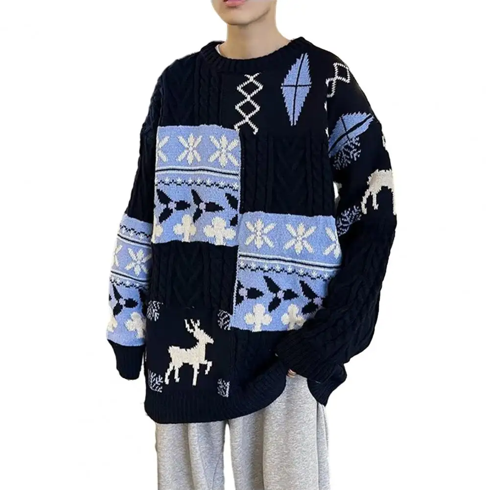 

Thick Sweater Christmas Style Colorblock Elk Snowflake Sweater Cozy Thick Knitted Pullover for Men's Fall/winter Wardrobe Round