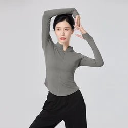 Damesdans Tops Opstaande Kraag Ballettrainingstopjes Met Ritssluiting Dansjasjack Met Lange Mouwen Katoenen Nauwsluitende Fitness-Tops