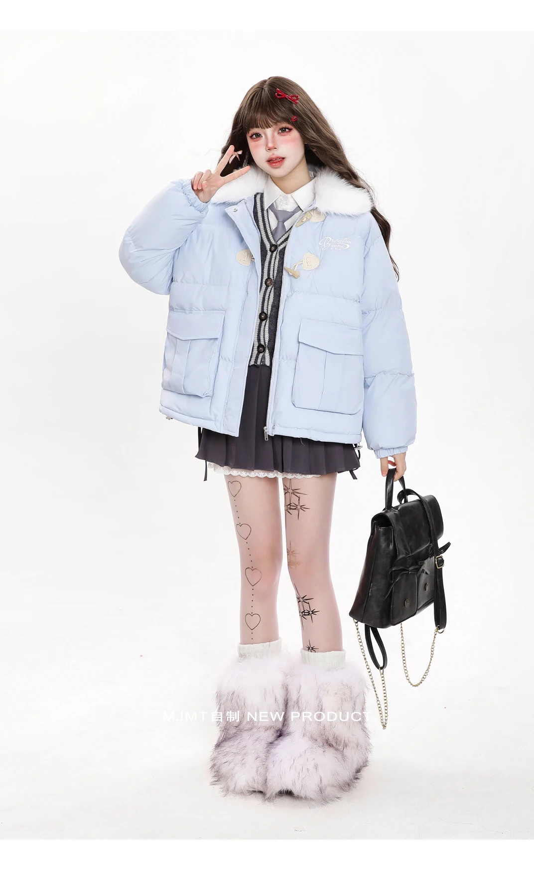 Sweet Preppy Style Letter Embroidery Fur Collar Hooded Zipper Loose Casual Thickened Padded Cotton Coats Jackets Women Winter