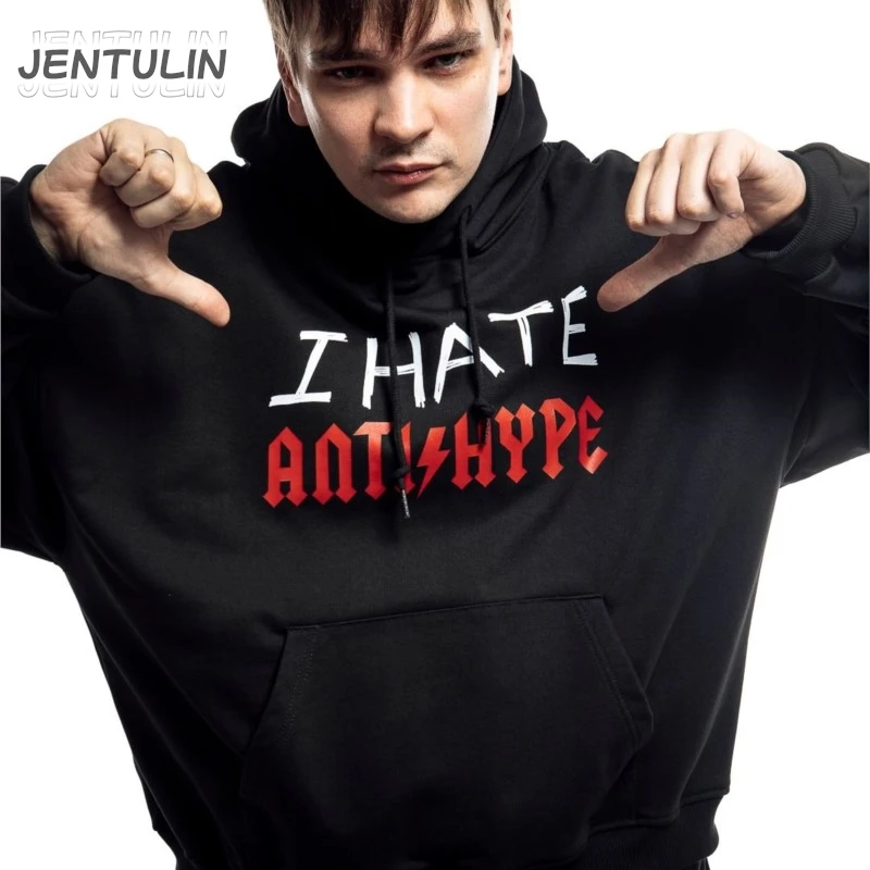 Harajuku Oversized Pullover Men\'s Hoodies I HATE ANTIHYPE Graphic Print Goth Hooded Sweatshirt Hip Hop Fashion Clothing Y2k Tops