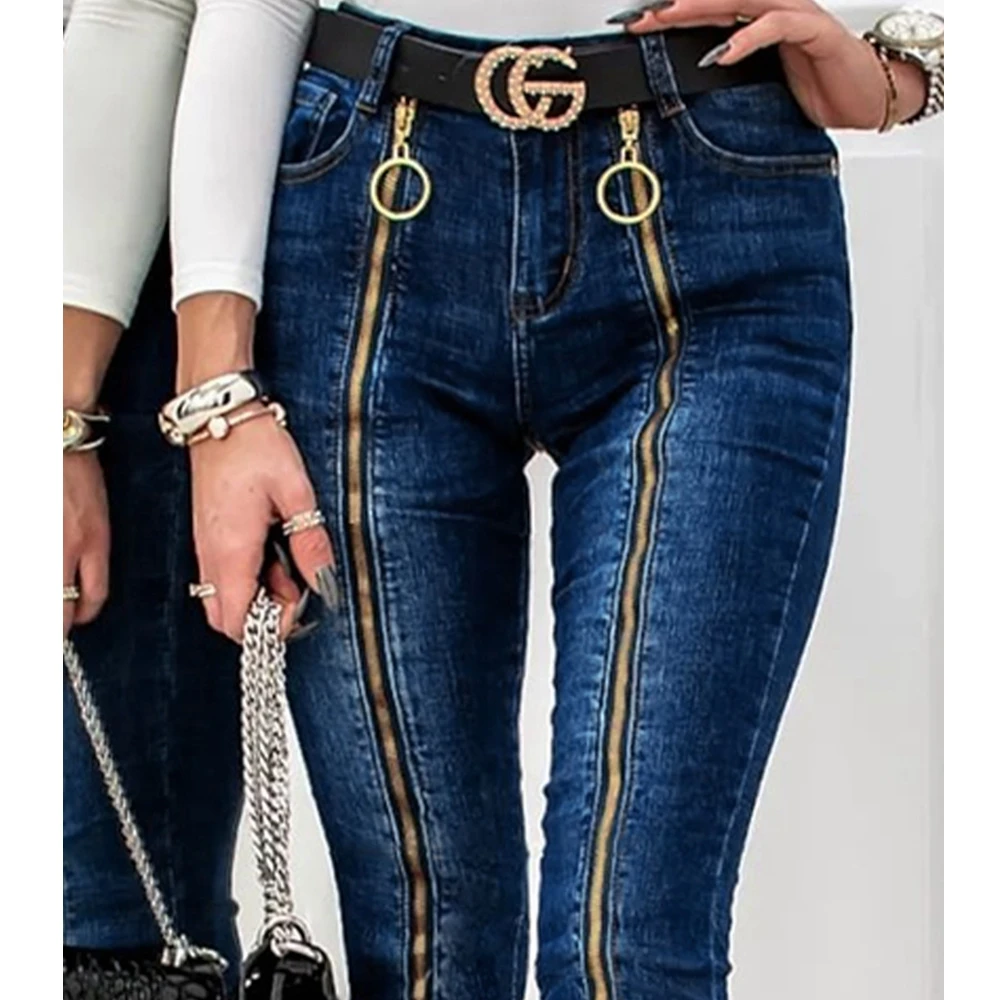 Sexy Jeans Women Summer Metal Skinny Zipper Decorations Skinny Cropped Jeans Mid Waist Dark Blue Pencil Denim Pantss