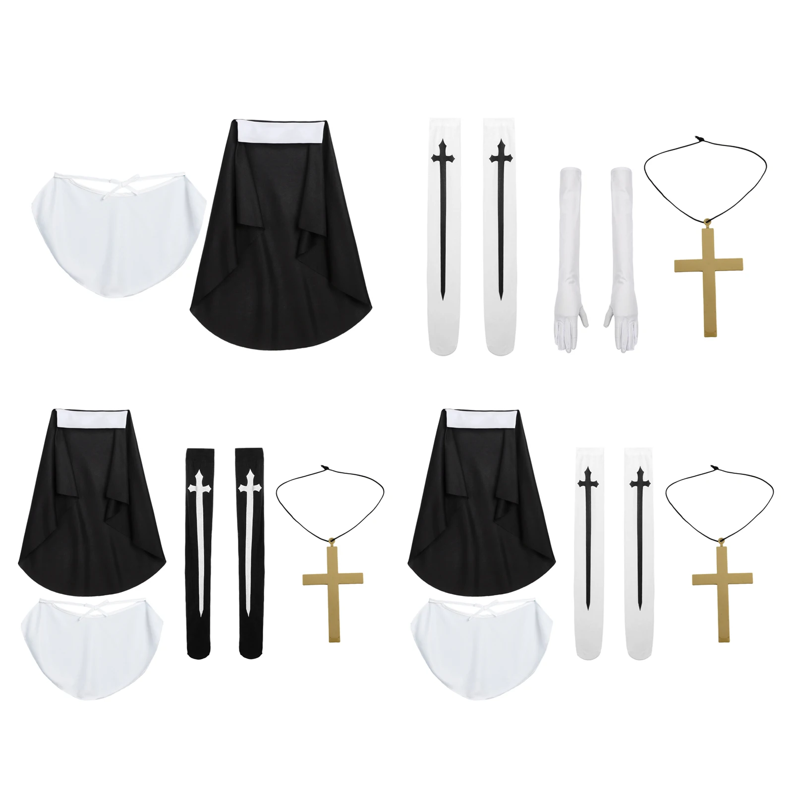 Costumes de nonne d'Halloween pour femmes, accessoires de cosplay ajustables, coiffure, collier croisé, gants, chaussettes hautes, vêtements de fête