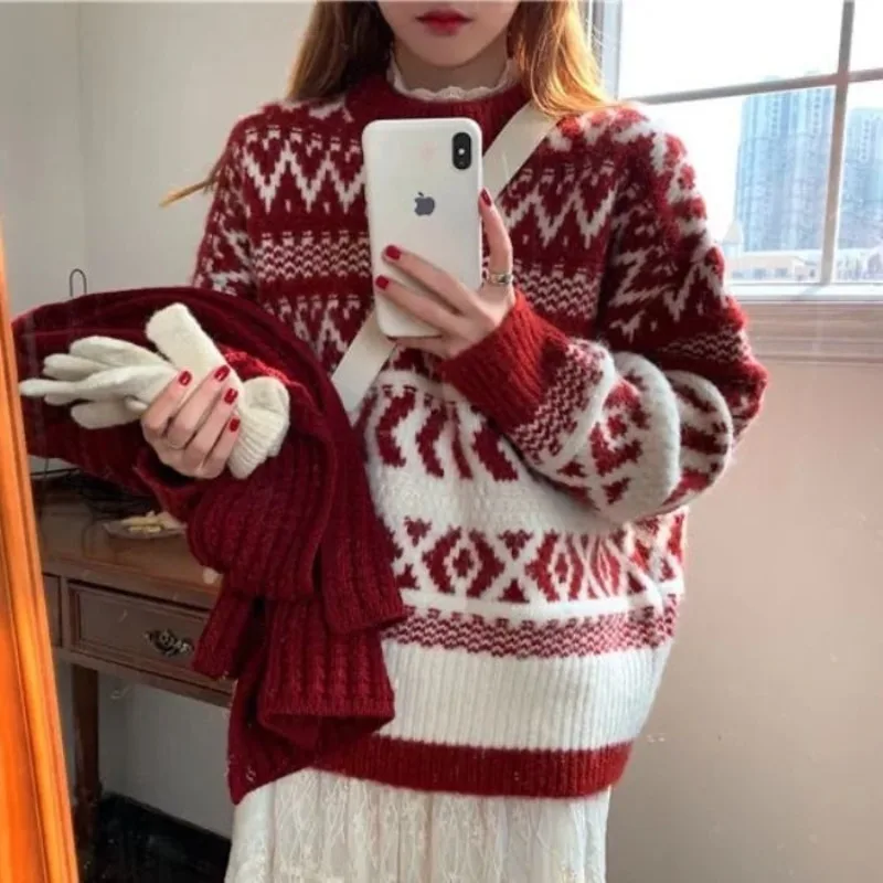 Y2K Thicken Plush Winter knitted pullover vintage sweaters women Loose Knitted Pullover Jersey Jumper Lovely christmas red coats