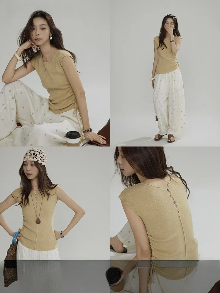 

Легкая летняя футболка с эффектом похудения и плиссировкой на талии, женская, простой дизайн, мягкая, стильная, для повседневной носки, с круглым вырезом