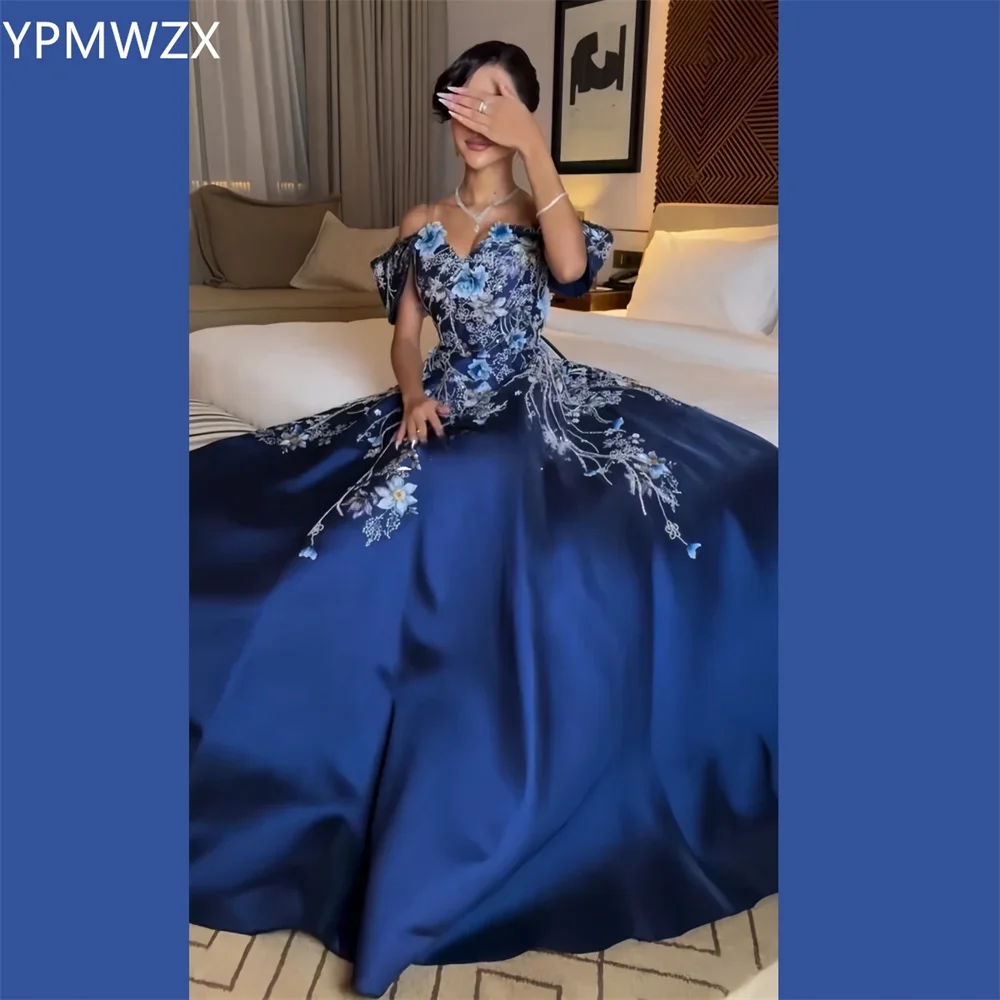 YPMWZX-Robe de Soirée Personnalisée, Tenue de Bal Formelle, Épaules Dénudées, Ligne A, Longueur au Sol, Jupes Drapées 3D Flo