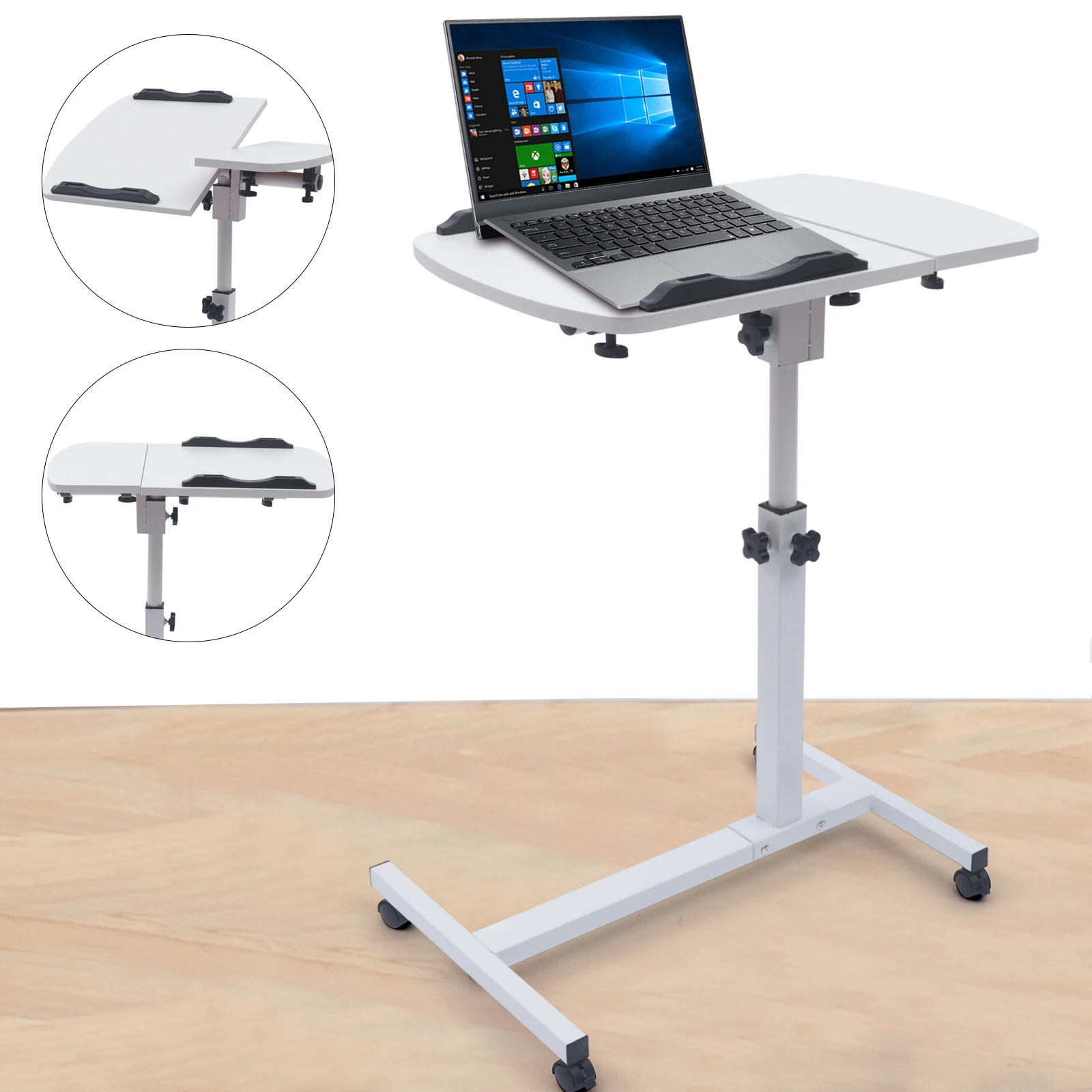 Adjustable Laptop Desk Stand Rolling Computer Desk Rack Overbed Tray Notebook Durable Holder White For Home Bedside