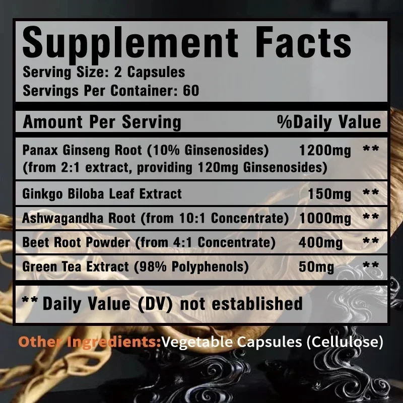 Panax Ginseng Capsules - Helps with Energy, Performance, Stress Relief, and Supports Physical and Mental Health