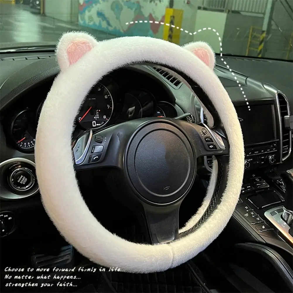Pink Fluffy Steering Wheel Cover For Women Cute Cat Ears Plush Handle Cover Cartoon Steering-Wheel Case Universal