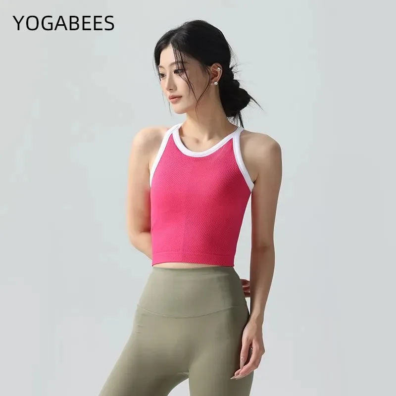 Women's Contrast Trim Seamless Crop Tank Top Padded Sports Bra for Yoga Workout