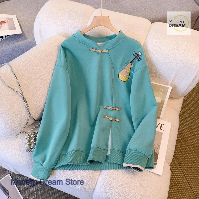 Chinese retro solid color fashion loose plus size blouse women's spring and autumn new embroidered casual loose thin hoodie