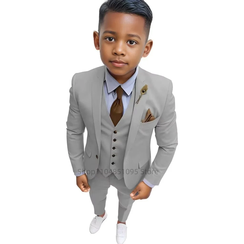 New Solid Boys Suits 3 Pieces Jacket Vest Pants For Birthday Party Notch Lapel Blazer Vest Pants Child Tuxedo Wedding Guest Suit