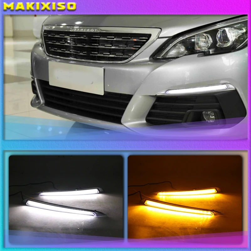 

2pcs For Peugeot 308 2016 2017 LED DRL Daytime Running Lights Daylight yellow turn signa fog lamp car-Styling light