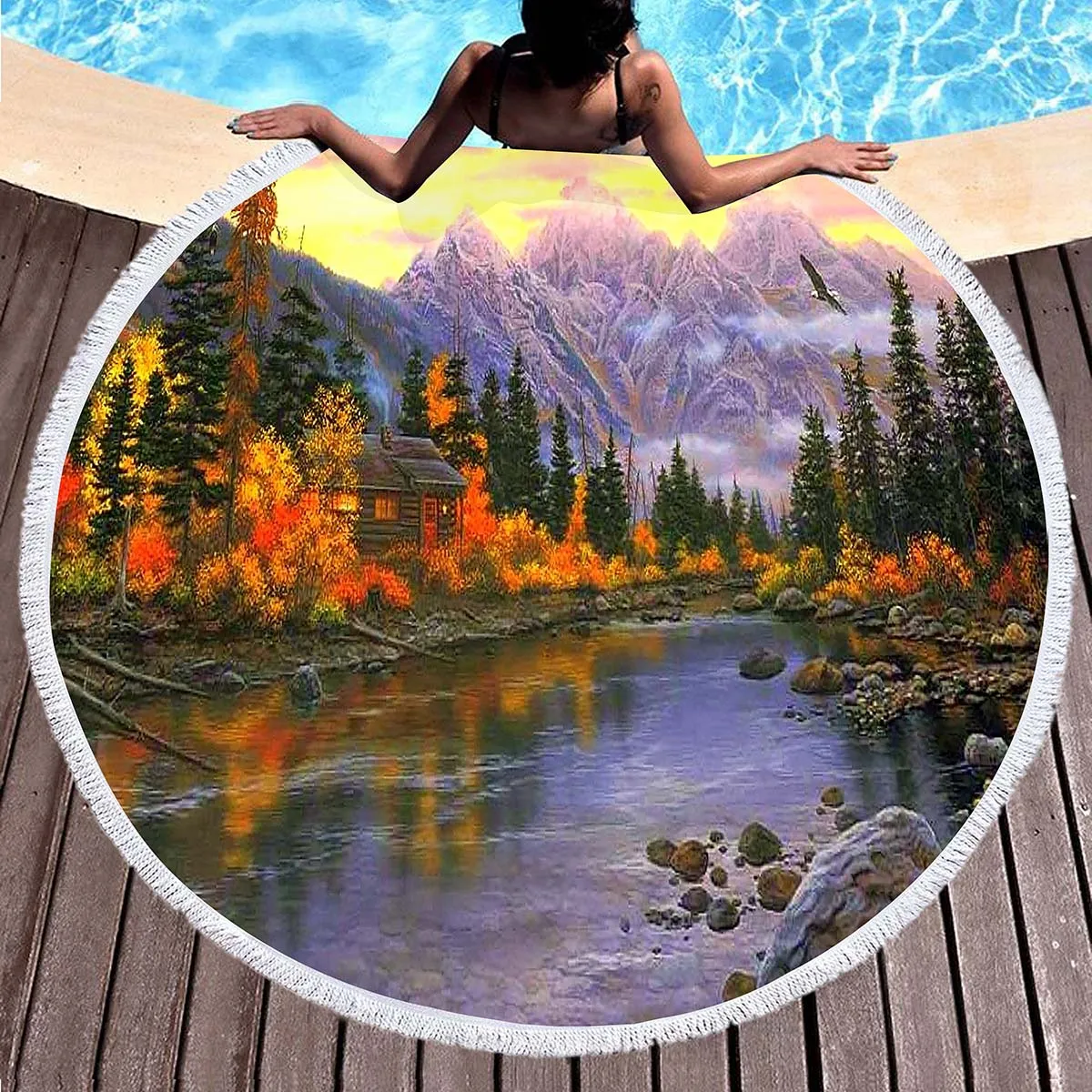 Natural Scenery Mountain Round Beach Towel,Absorbent Quick Dry Pool Towel with Tassels Roundie Yoga Meditation Mat Picnic Rug