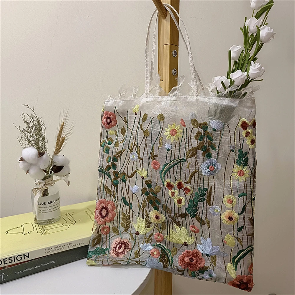 Bolsa de ombro de flores bordadas em malha para mulheres, bolsa romântica, bolsa de compras ecológica, transparente, verão, novo estilo, 2024