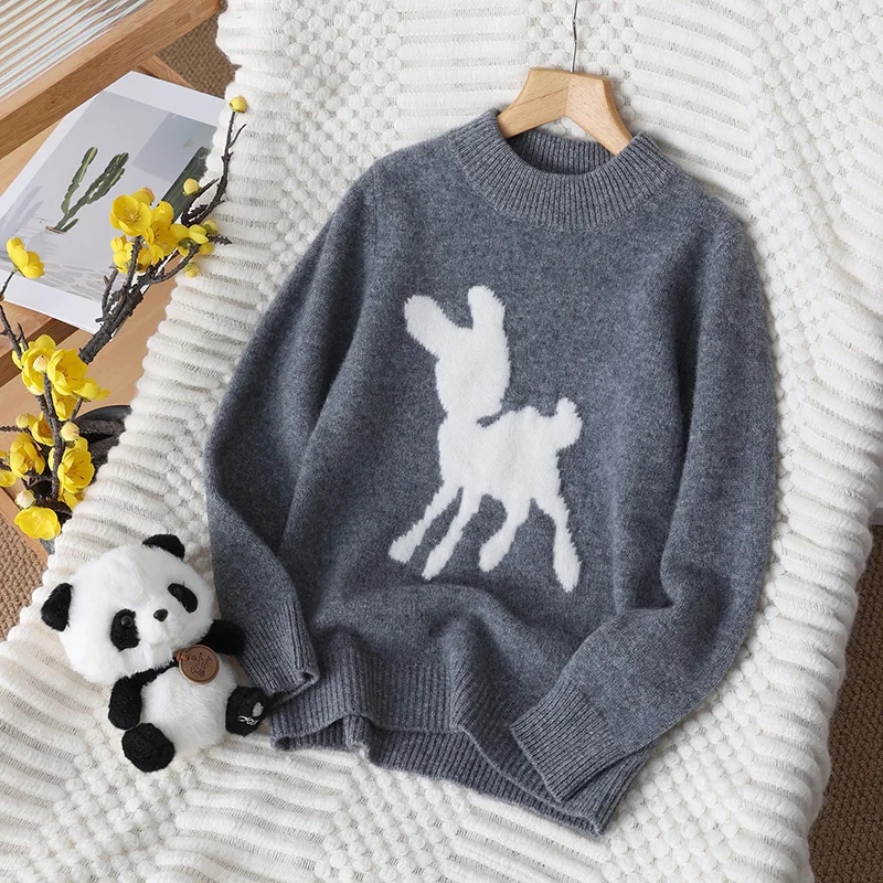 

Unisex Style 100% Merino Wool Sweater Autumn And Winter Mock-Neck Pullover Long Sleeve Knitwear Children's Clothing Tops