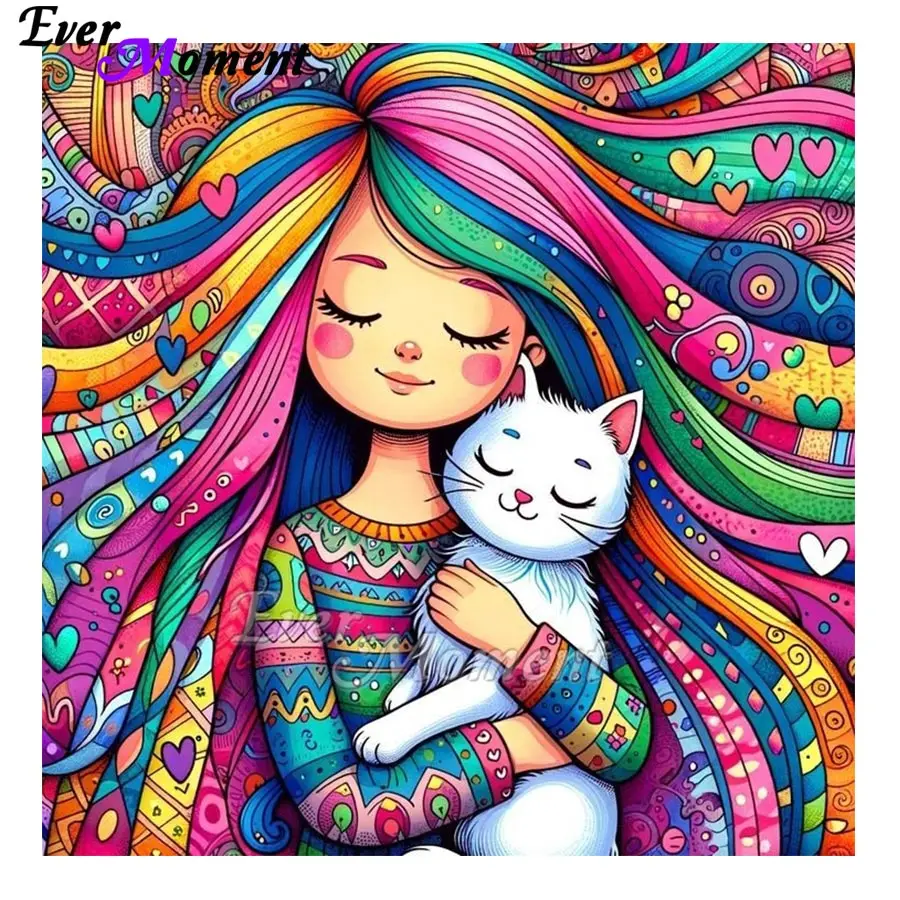 

Длинные волосы для девочек с белым котом, прекрасная алмазная живопись, животное, полная квадратная круглая дрель, мозаика, художественная живопись ASF2836