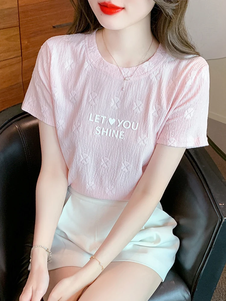 Bawełniana koszulka z nadrukiem liter, damska, letnia, nowa, z okrągłym dekoltem, odsłaniająca ramiona, odpowiednia, modna, młodzieżowa bluzka.