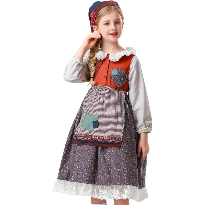 

New Carnival Cosplay Costume Retro French Style Striped Apronlace Lolita Dress Theme Role Playing Outfits for Children Girls