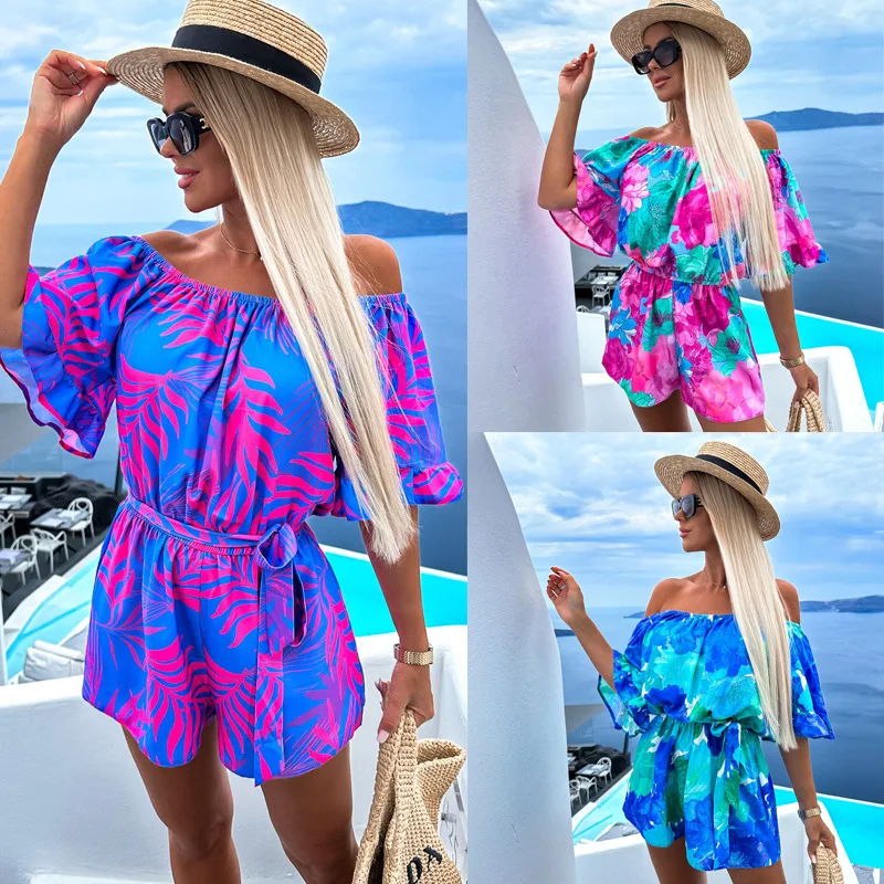 Floral Print Mini Jumpsuit Sexy Slant Neck Off Shoulder Romper Seaside Holiday Summer Flared Half Sleeve Waisted Shorts Playsuit