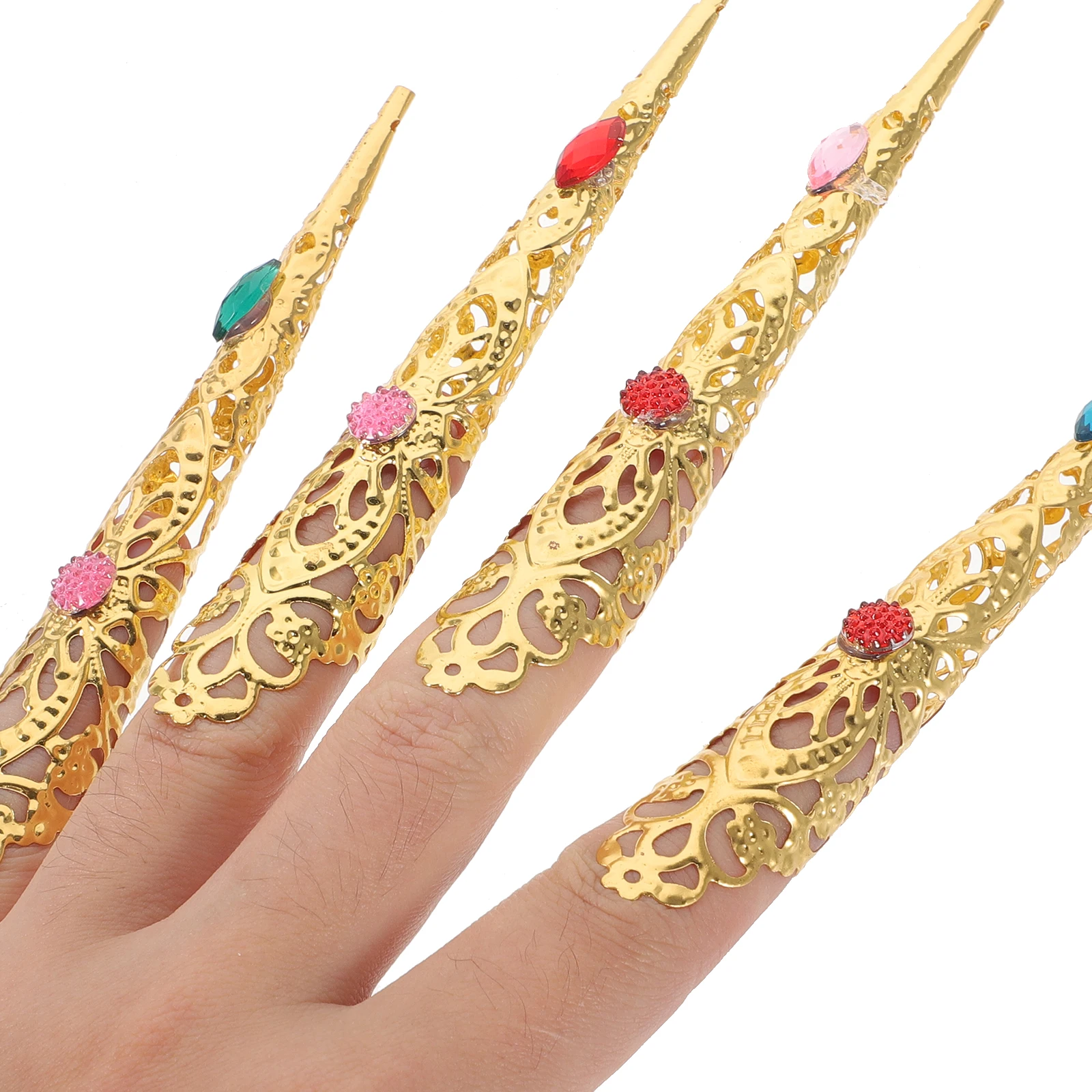 

5pcs Fake Fingertips Aluminum Alloy Long Artificial Nails Hollow Design Halloween Cosplay Finger Claws Costume Party Accessories