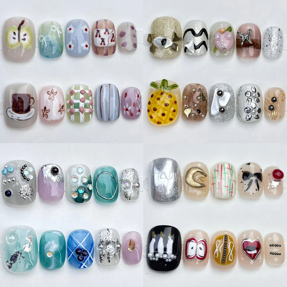 

10Pcs Light Luxury Colorful Handmade Press On Nails Cat Eyes Magic Mirror Powder Pearl Flowers Short Square Round Wearable Nail