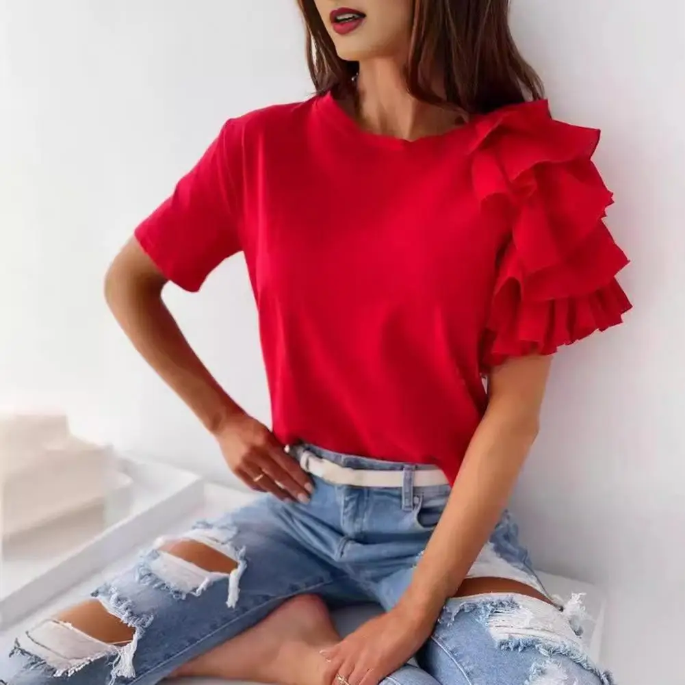 Summer Women T-shirt Asymmetrical Short Sleeve Multi-Layered Ruffles Round Neck Tee Tops Streetwear