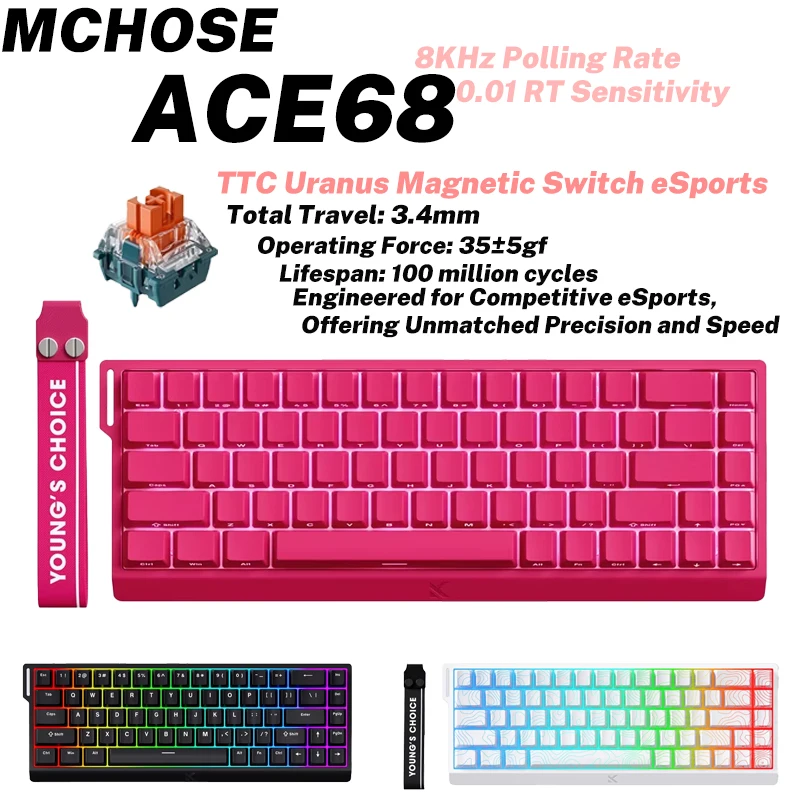 MCHOSE ACE68 Magnetic Keyboard Wired Mechanical ACE60 Pro for Gaming 0.01mm RapidTrigg 8000Hz SOCD/Rs 0.125ms 128K Sampling Rate