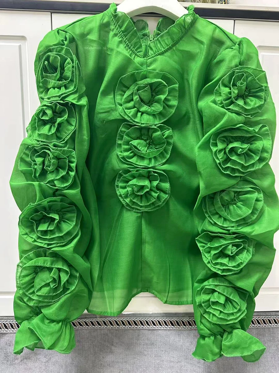 GALCAUR Solido Allentato Impiombato Fiori 3D Camicetta Elegante per Le Donne Girocollo Maniche Lunghe Patchwork Fungo Top Abbigliamento Femminile Nuovo