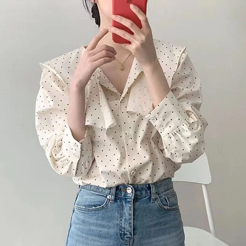 Spring New Loose Puff Long Sleeve Polka Dot Blouse Korean Style Chic Irregular Peter Pan Collar Shirt Casual Ruffled Tops Blusas