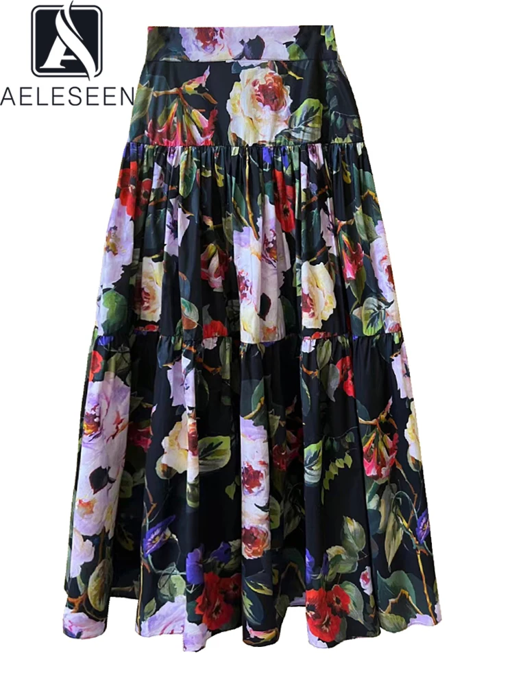 Aeleseen 100% Katoenen Zomerrok Vrouwen Siciliaanse Hoge Kwaliteit Kleurrijke Bloemenprint Elegant Lang/Midi Poplin Feestvakantie